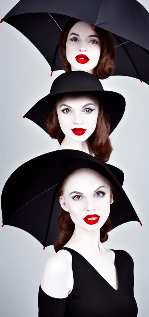Image similar to a beautiful white pale skin girl, gray background, black dress, vibrent red lipstick, a black hat, black umbrella