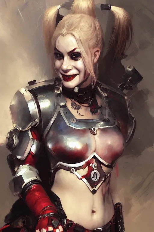 Image similar to portrait of cute Harley Quinn in bikini armor, dc comics, cyberpunk, Warhammer 40000, dark fantasy, digital art from artstation by Ruan Jia and Mandy Jurgens and Artgerm and william-adolphe bouguereau