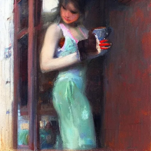 Prompt: “ girl holding a cup of coffee leaning out of a window overlooking the east village, morning light, by daniel gerhartz ”