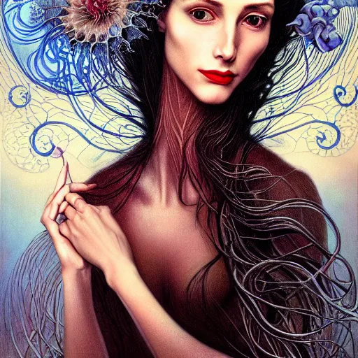 Image similar to facial portrait of a young pretty woman in flowing dress, arrogant, mysterious, long fine flowing hair, delicate, looking at camera, slightly awkward smile, realistic face, hands behind back, stylish, elegant, grimdark fantasy, flowers, extremely detailed painting inspired by Gerald Brom and Ernst Haeckel and Kaluta