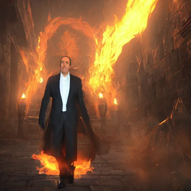Image similar to jerry seinfeld reimagined as a boss in dark souls, dark cinematic, volumetric, realistic, cinematic lighting, ray tracing, unreal engine 5, unreal engine render, octane render, hyper realistic, photo, 8 k