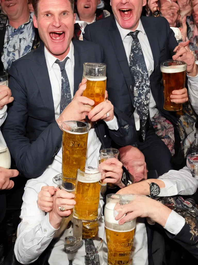 Prompt: Sir Kier Starmer laughing and drinking a big pint of lager