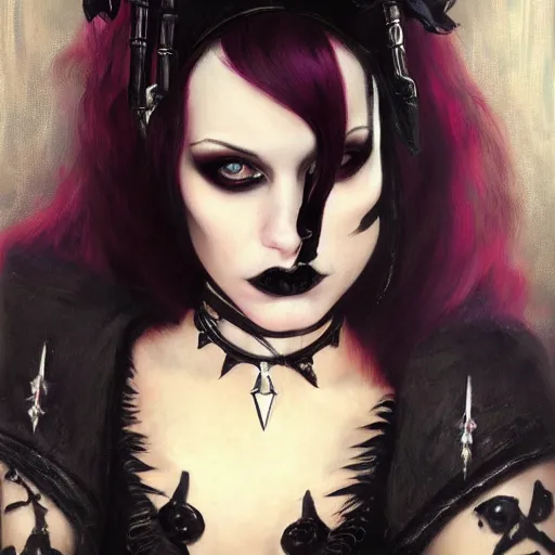 Prompt: Portrait of gothic punk woman with piercing from warhammer 40000, elegant, vibrant, dark fantasy, intricate, smooth, artstation, painted by edgar maxence, greg rutowski, ross tran, artgerm