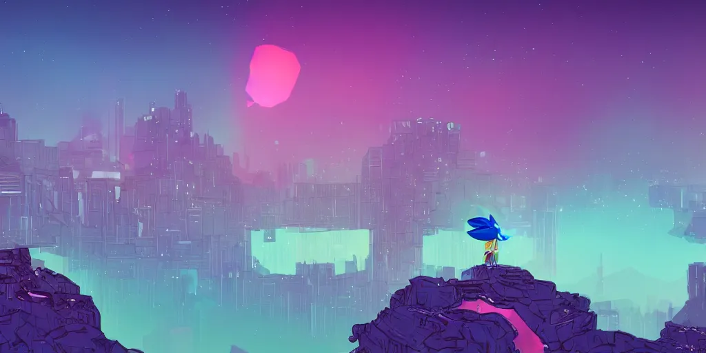 Image similar to small blue pixie on a cliff looking to a synthwave city, stars, long exposure, 4k, Cel shaded, concept art