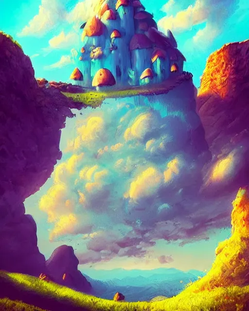 Prompt: flying cloud castle, mushroom buildings, illustration, bright, blue sky, mountains, colorful, cinematic lighting, fantasy, high detail, masterpiece, artstation, 4 k, art by wylie beckert