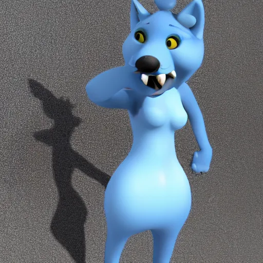 Prompt: 3 d render, well toned, large and tall, female, anthropomorphic wolf with a short snout, furless, blue scales with white spots, icey blue dress, scales covering her chest.