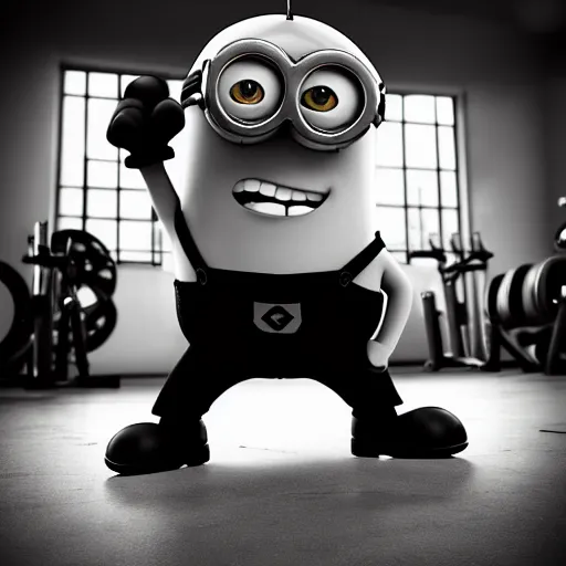 Image similar to black & white epic!!! photograph of a minion from “ despicable me ” in the gym, motivational poster, highly detailed, cinematic lighting, photo, award - winning photograph, professional photograph, dramatic posing, 8 k quality, dramatic rim lighting, high quality