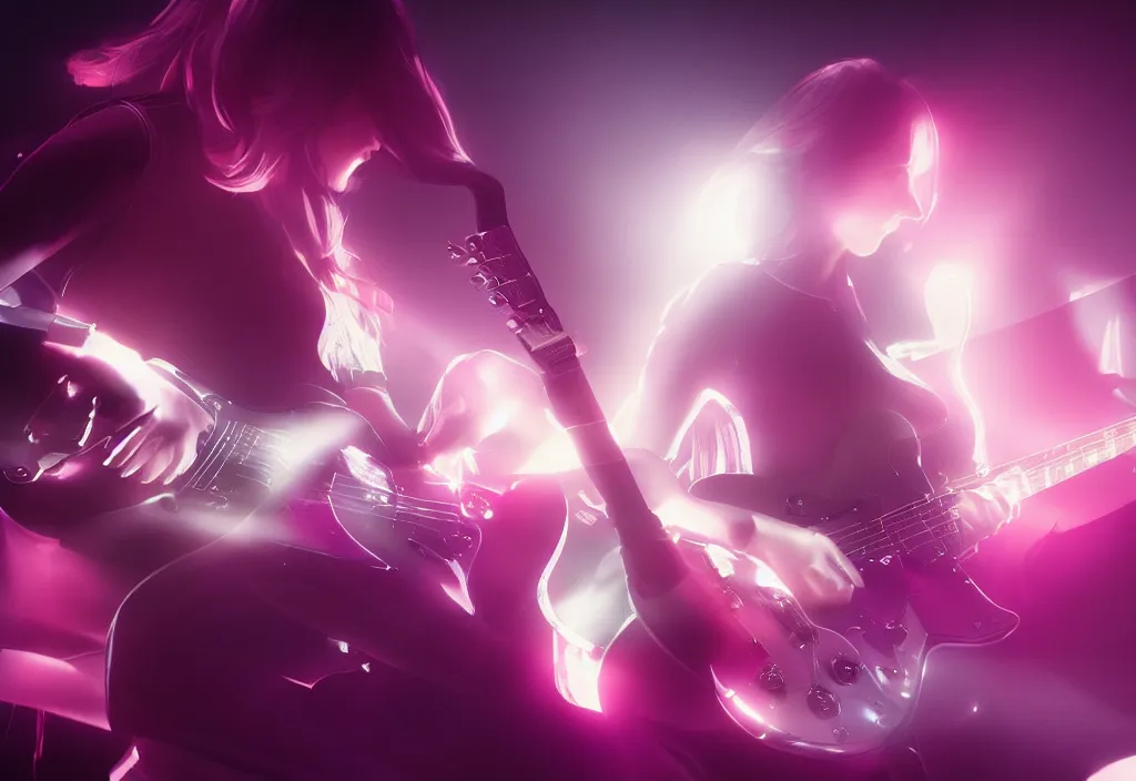 Image similar to women playing guitar, televisions, artstation, details, volumetric light, futuristic, pastel