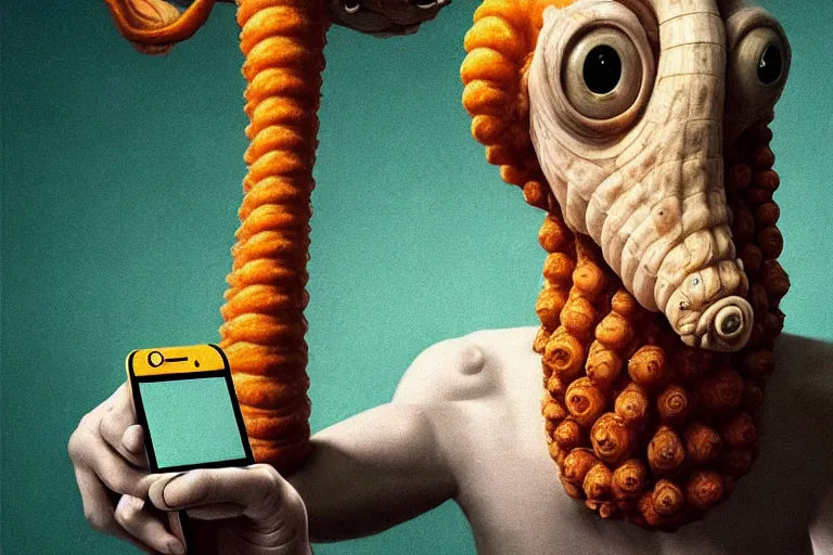 Image similar to hyperrealism aesthetic ridley scott and caravaggio and denis villeneuve style photography of a detailed giant squidward, siting on a detailed ultra huge toilet and scrolling his smartphone in surreal scene from detailed art house movie in style of alejandro jodorowsky and wes anderson