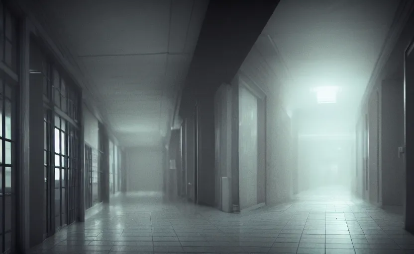 Image similar to hspital hallway, gloomy and foggy atmosphere, octane render, artstation trending, horror scene, highly detailded