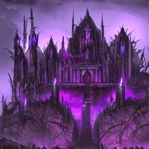 Image similar to underground fortified neo - gothic dark elf city, temples, fortresses, purple fey lights, underground black stone landscape, horrific, horror,