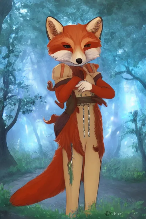 Image similar to a pretty medieval anthropomorphic fox with a fluffy tail in the forest, comic art, trending on furaffinity, cartoon, kawaii, backlighting, furry art!!!, radiant light, bokeh, trending on artstation, digital art