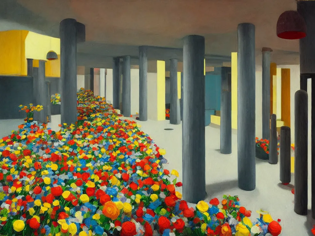 Image similar to colorful minimalist industrial interior hallway with monolithic pillars in the style of ridley scott and stanley kubrick, impossible stijl architecture, bed of flowers on floor, brutalist, ultra wide angle view, realistic detailed painting by edward hopper