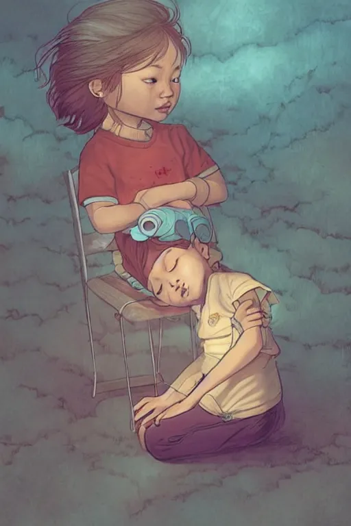Image similar to child without dream, just sit and cry, art by jacqueline e, color by sam wilde and background by bo feng lin