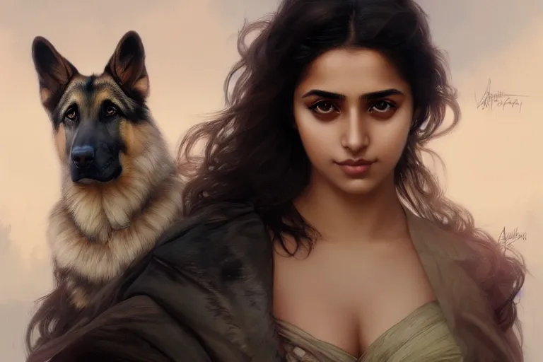 Image similar to sensual good looking pale young bengali girl with soulful eyes with a majestic german shepherd, portrait, elegant, intricate, digital painting, artstation, concept art, smooth, sharp focus, illustration, art by artgerm and greg rutkowski and alphonse mucha