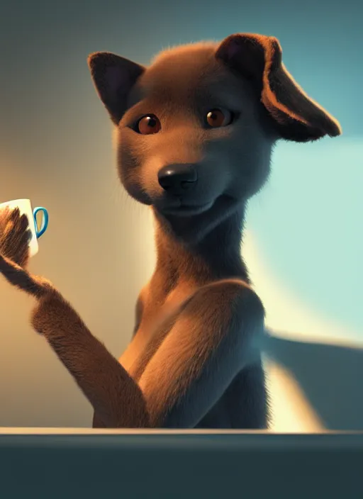 Prompt: female furry dog drinking coffee, cinematic lighting, hyper detailed, furry art style