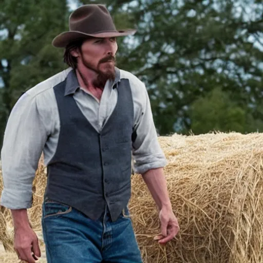 Image similar to Film still of Christian Bale, bailing hay, in new movie called the Hay Bailer