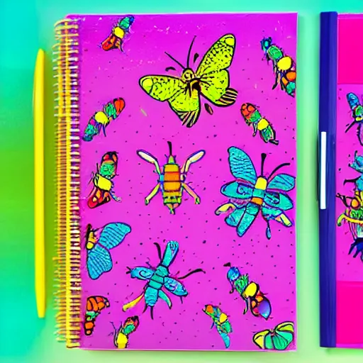 Image similar to lisa frank new school planner series, rainbow neon technicolor insects