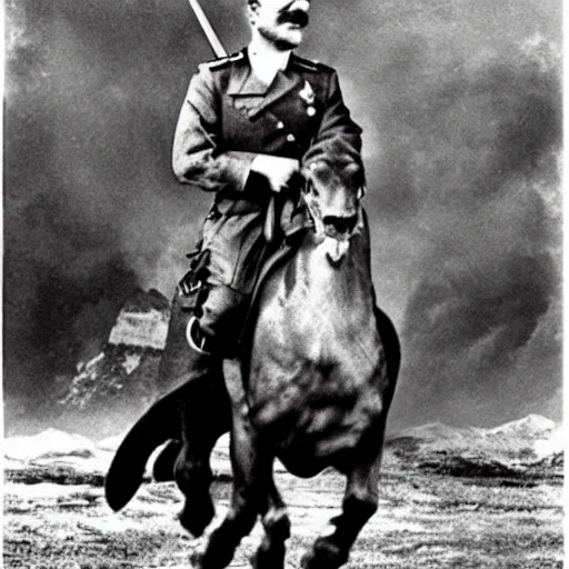 Prompt: photo of Joseph Stalin riding a dragon,