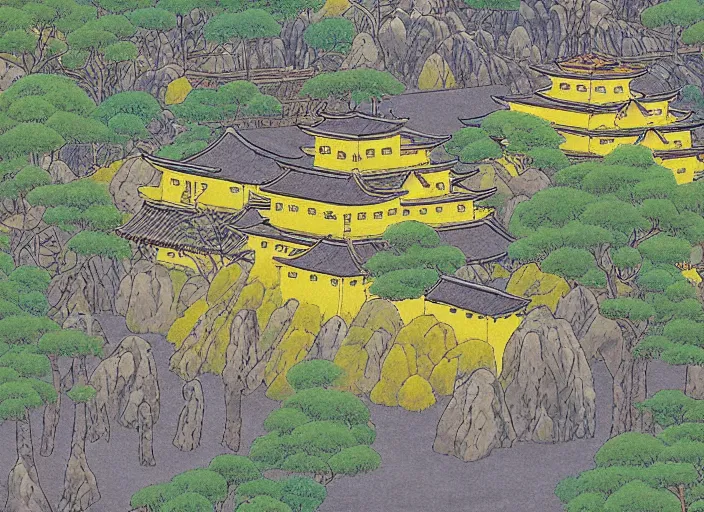 Prompt: japanese yellow fortress in a city inside the arashiyama forest by studio ghibli painting