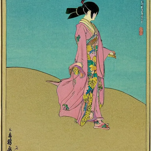 Image similar to a young asian woman with traditional robes walking on the sand in the desert, flowers on her head, fantastic castles in the distance, japanese art, illustration in the style of moebius, miyazaki, alphone mucha,