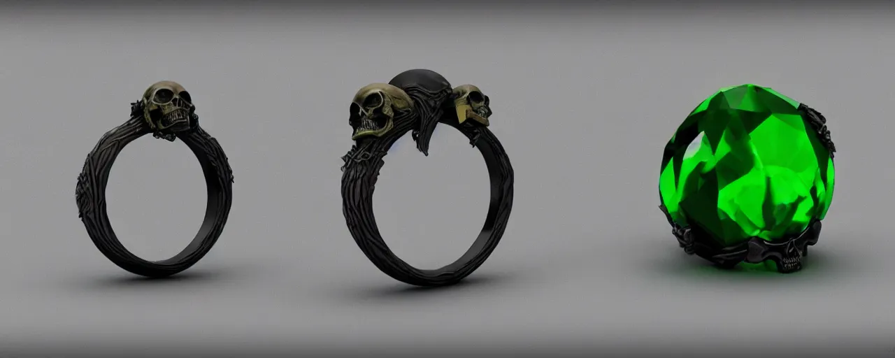 Image similar to simple magic ring of poison, ring, skull, green, black, smooth shank, crystals, engravings, product design, jewelry, colorful, art by gerald brom, greg rutkowski and artgerm, photo realism, unreal engine, c 4 d