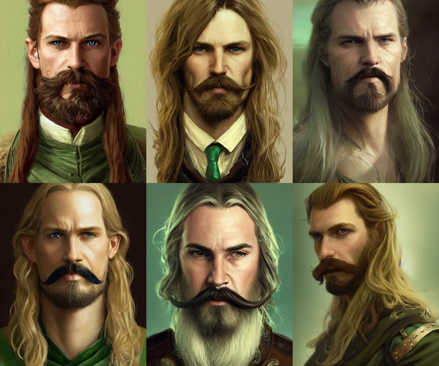 Prompt: half - length portrait of a 3 5 - year - old human male noble with long blonde hair, handlebar mustache, green eyes, medieval setting, detailed face, highly detailed, artstation, concept art, sharp focus, illustration, by greg rutkowski, craig mullins, kenne gregoire