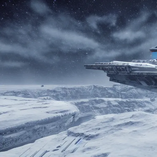 Prompt: a star destroyer looming over Hoth, artstation