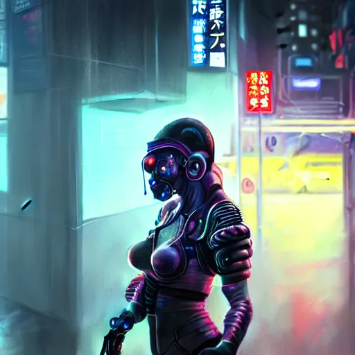 Image similar to An epic comic hyperrealistic painting of a cyber warrior girl, attractive, faces and details painted by WLOP, cyberpunk style color, heavy rainning at tokyo street night, neon lights all around, Matte painting, smoke, cinematic lighting, corona render, arnold render, movie concept art, 8k, RPG portrait, Concept world, rim lights, phtotrealistic, hdri