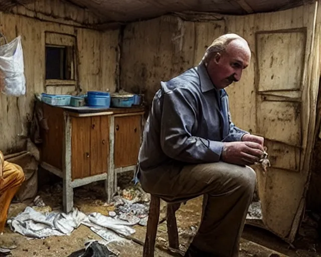 Prompt: фдучфтвук lukashenko inject heroin on the backdrop of poverty, wooden toilets, pits and squalor from vince gilligan film