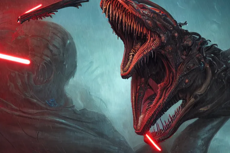 Image similar to a detailed tarot card of a futuristic sith cyborg velociraptor xenomorph and demogorgon hybrid, dual wielding lightsabers, neon outline, mouth open in a terrifying roar, 8 k, artstation, art by greg rutkowski, pixiv