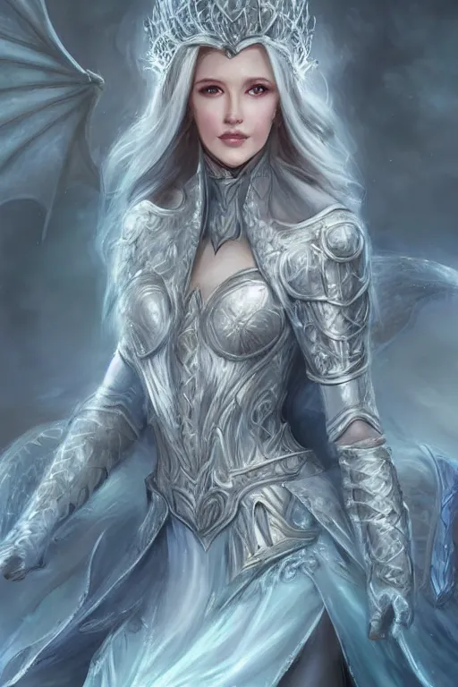 Prompt: a gorgeous ice queen woman paladin, 8 k, full body dark woods hyperrealistic, windy hair dragon slayer, hyperdetailed, symmetrical face and body high fantasy portrait by laura sava