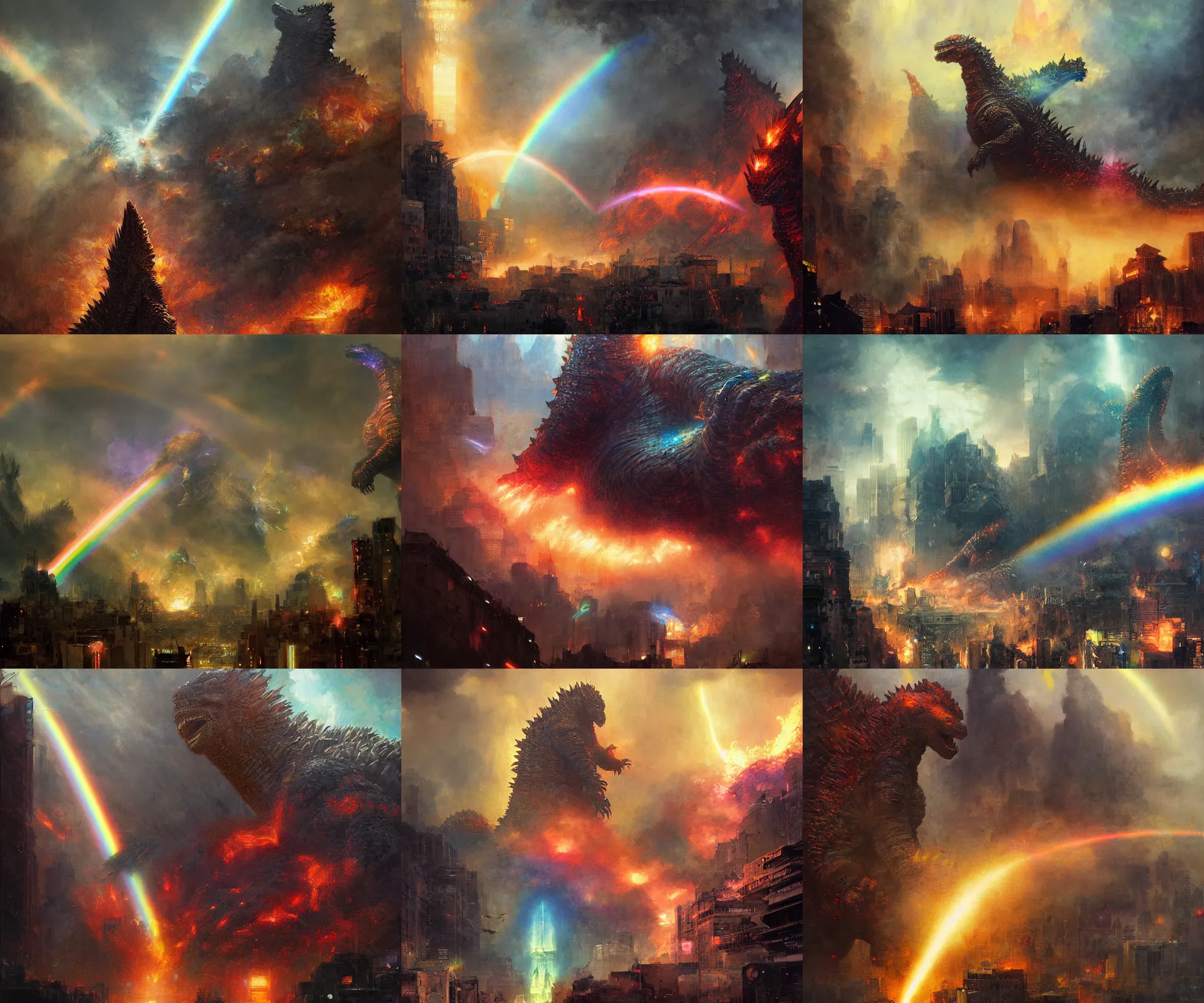 Prompt: digital art painting godzilla destroying a city with a rainbow beam power painted by craig mullins and gaston bussiere and greg rutkowski, dramatic lighting, symmetrical facial features, symmetrical face, defined facial features