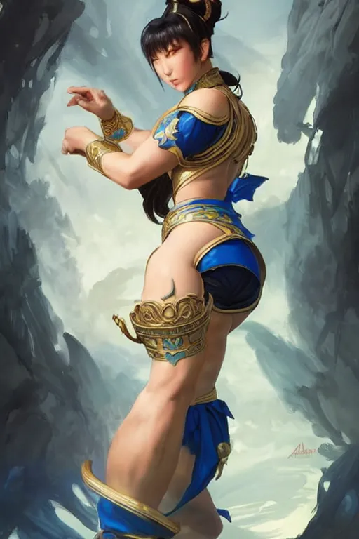 Image similar to beautiful chun li, full body shot, d & d, fantasy, intricate, elegant, highly detailed, digital painting, artstation, concept art, matte, sharp focus, illustration, hearthstone, art by artgerm and greg rutkowski and alphonse mucha