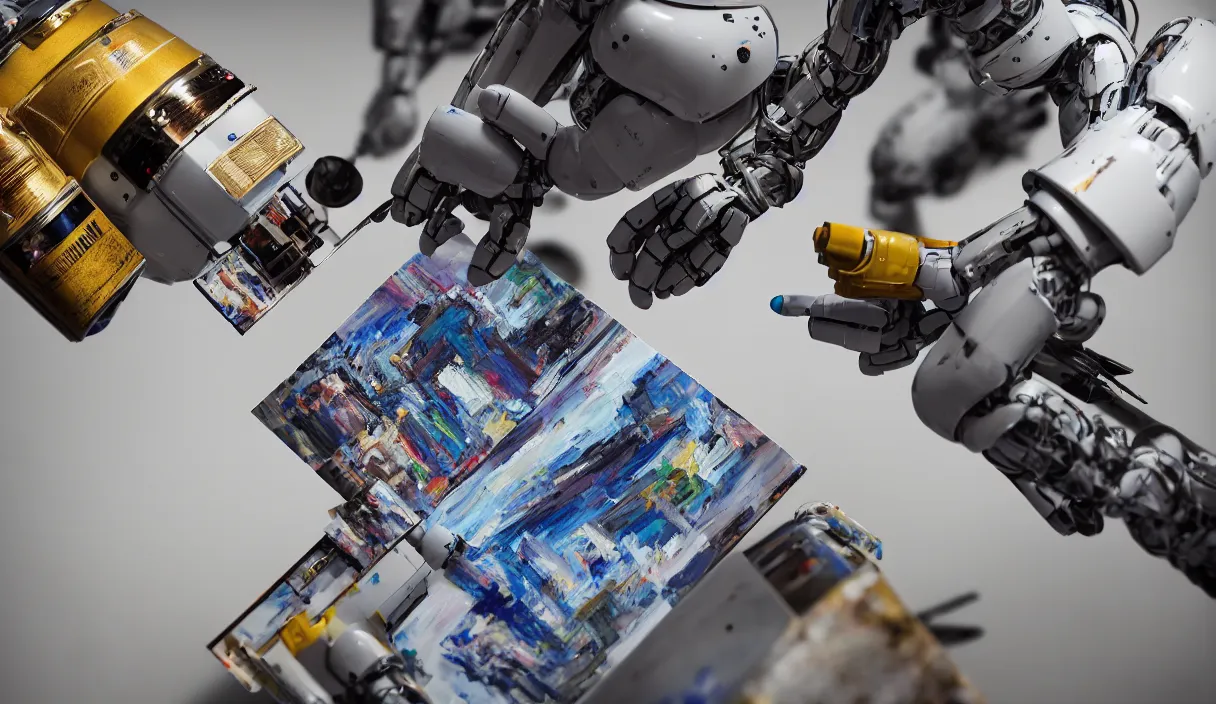 Image similar to an high resolution photo of a robot paiting a picture, hyper detailed, photography, realistic, art, 8 k, unreal engine, cinematic, shallow focus, f 2. 8 3 5 mm, kodak film, 3 5 mm film