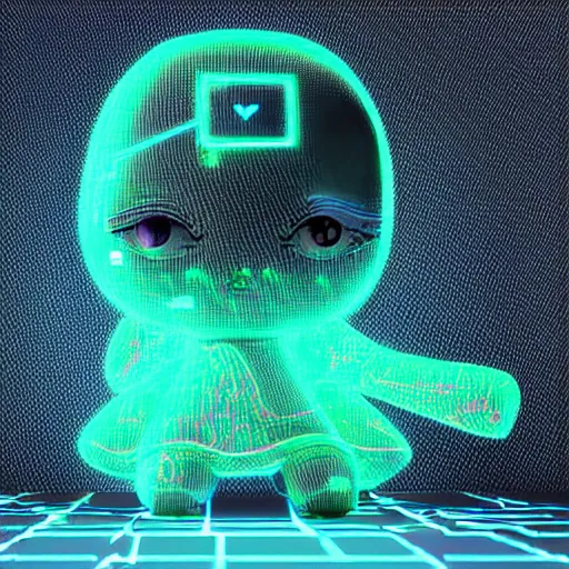 Image similar to cute fumo plush of a cyberspace girl made out of streams of data, green terminal readout, lens flare, vray