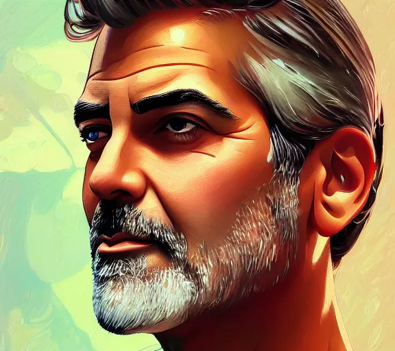 Image similar to portrait of george clooney, fire in eye, snow glow, pool party, highly detailed, digital painting, artstation, sharp focus, illustration, art by tan zi and ayanamikodon and alphonse mucha and wlop