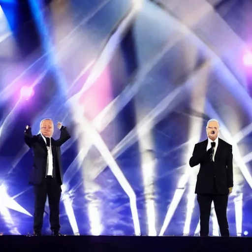 Image similar to benjamin netanyahu singing in the eurovision in front of a band, stage lighting, sharp focus, highly detailed