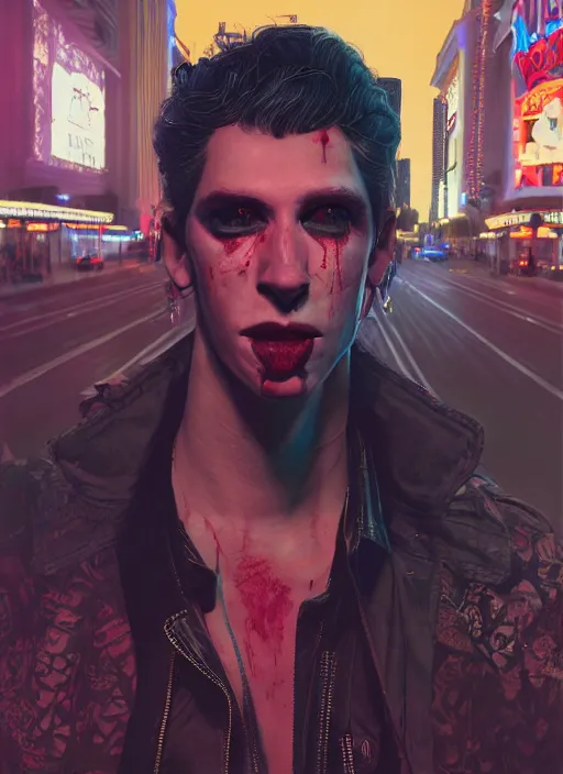 Image similar to 35mm kodak portra portrait of a shadowrun vampire on the Las Vegas strip at night by tomer hanuka and tom bagshaw, handsome face, blood, urban fantasy, hyper realism, high detail, octane render, 8k, trending on artstation, CGsociety, concept art