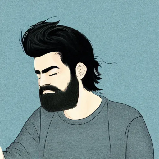 Image similar to a drawing of a man with black hair and beard, wearing a black jacket, white shirt and blue jeans, holding his hands up to his face, illustration, realistic, 8 k, atmospheric, moody, in the style of diego koi, art by alyssa monk