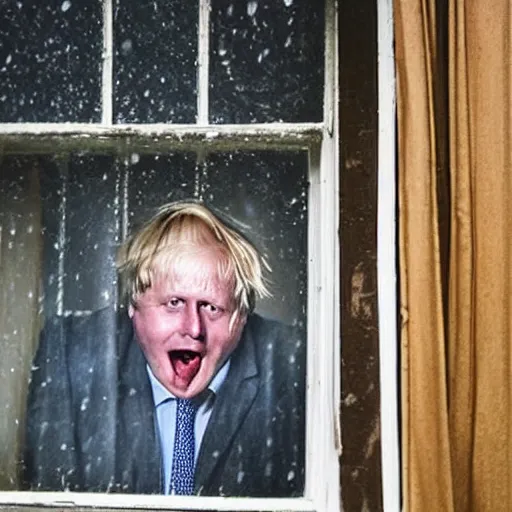 Image similar to a photo taken from the inside of an old house showing the curtains of a window being pulled back to reveal a terrifying boris johnson with his face pressed against the window, boris ’ hand placed on the window, horrifying grin. raining, thunderstorm, night time