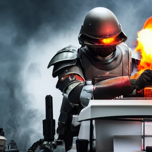Image similar to angry man in juggernaut armor burning a desktop tower pc with a military flamethrower