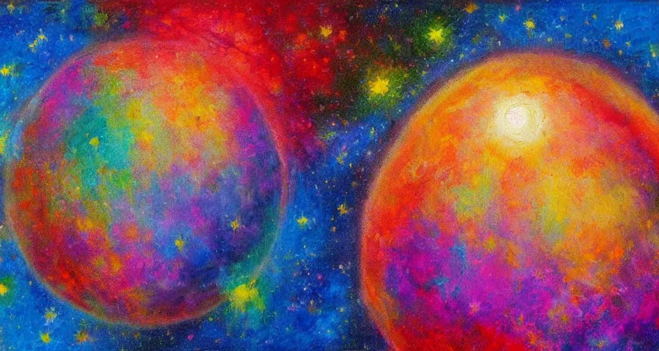 Image similar to award - winning realistic painting of a large planet made of colourful gas, colourful bright stars