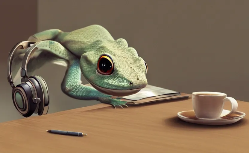 Image similar to a cute gecko with headphones in a cafe sitting in front of a table with a coffee, digital painting, masterpiece, digital art, concept art, octane render, unreal engine 5, trending on deviantart, highly detailed, high quality, 8 k, cartoon, high coherence, realistic, anatomically correct, five fingers, relaxing, realistic and detailed face, beautiful, elegant