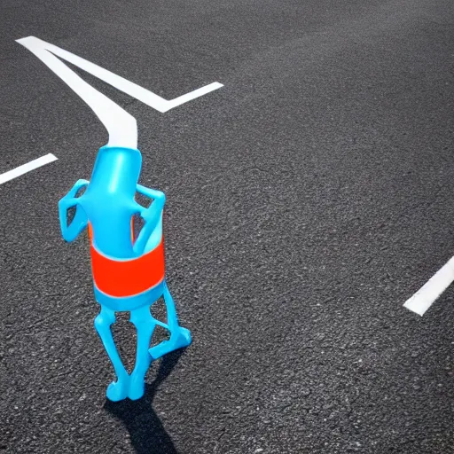 Prompt: a skeleton wearing a blue spendex suit with road - cones for hands