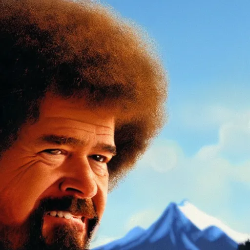 Image similar to a closeup photorealistic photograph of bob ross crafting an image of kenny powers baseball, a depiction on a canvas. mountains and trees. film still. brightly lit scene. this 4 k hd image is trending on artstation, featured on behance, well - rendered, extra crisp, features intricate detail, epic composition and the style of unreal engine.