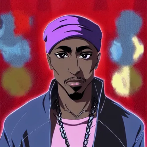 Image similar to Tupac Shakur, screenshot from a 2012s anime