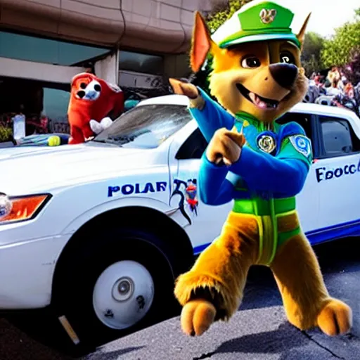 Prompt: marshall from paw patrol dancing on a cop car during a violent riot