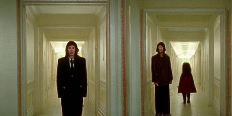 Image similar to photorealistic ultra wide cinematography of danny and wendy torrance from stanley kubrick's 1 9 8 0 film the shining, walking and navigating the overlook hotel's hedge labyrinth shot on 3 5 mm eastman 5 2 4 7 film by the shining cinematographer john alcott shot on a wide kinoptik tegea 9. 8 mm lens. with golden ratio composition