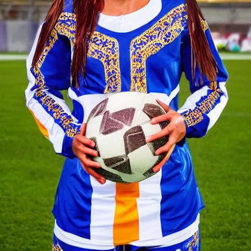 Prompt: female soccer player fully clothed in bulgarian traditional clothes